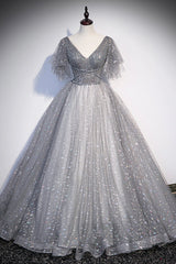Prom Dress Glitter, Gray V-Neck Tulle Sequins Long Prom Dress, A-Line Short Sleeve Evening Dress