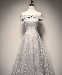 Homecoming Dresses For Girl, Gray White Tulle Lace Long Prom Dress Tulle Lace Formal Dress