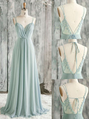 Party Dress Silk, Green A line Chiffon Lace Long Prom Dress, Lace Bridesmaid Dress