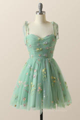 Prom Dresses Sleeves, Green A-line Floral Embroidered Short Party Dress