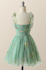 Prom Dresses Sleeve, Green A-line Floral Embroidered Short Party Dress