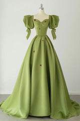 Prom Dress Affordable, Green A-Line Long Prom Dress Strawberry Lace, Lovely Short Sleeve Evening Dress