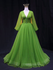 Prom Dress Black, Green A Line Long Prom Dresses, V Neck Green Tulle Long Formal Evening Dresses