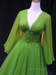 Open Back Prom Dress, Green A Line Long Prom Dresses, V Neck Green Tulle Long Formal Evening Dresses