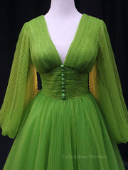 Prom Pictures, Green A Line Long Prom Dresses, V Neck Green Tulle Long Formal Evening Dresses