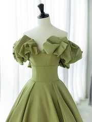 Prom Dress Boho, Green A-Line Satin Long Prom Dresses, Green Formal Evening Dress