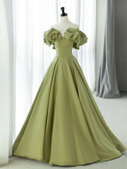Prom Dresses Corset, Green A-Line Satin Long Prom Dresses, Green Formal Evening Dress