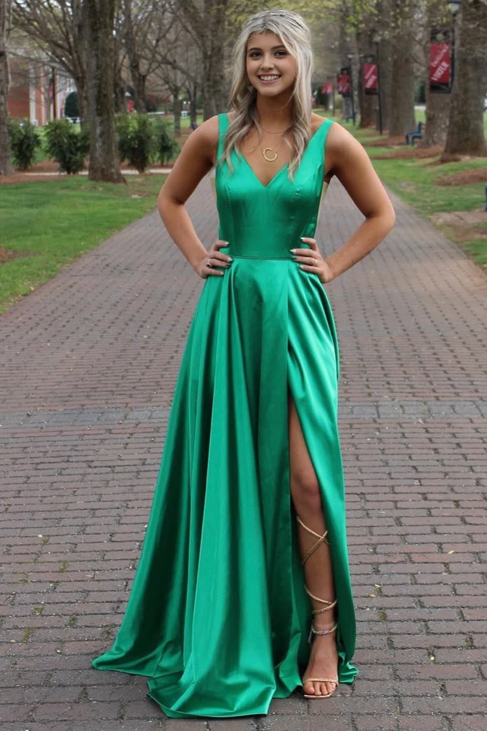 Green A-Line Satin V-Neck Prom Dress with Slit