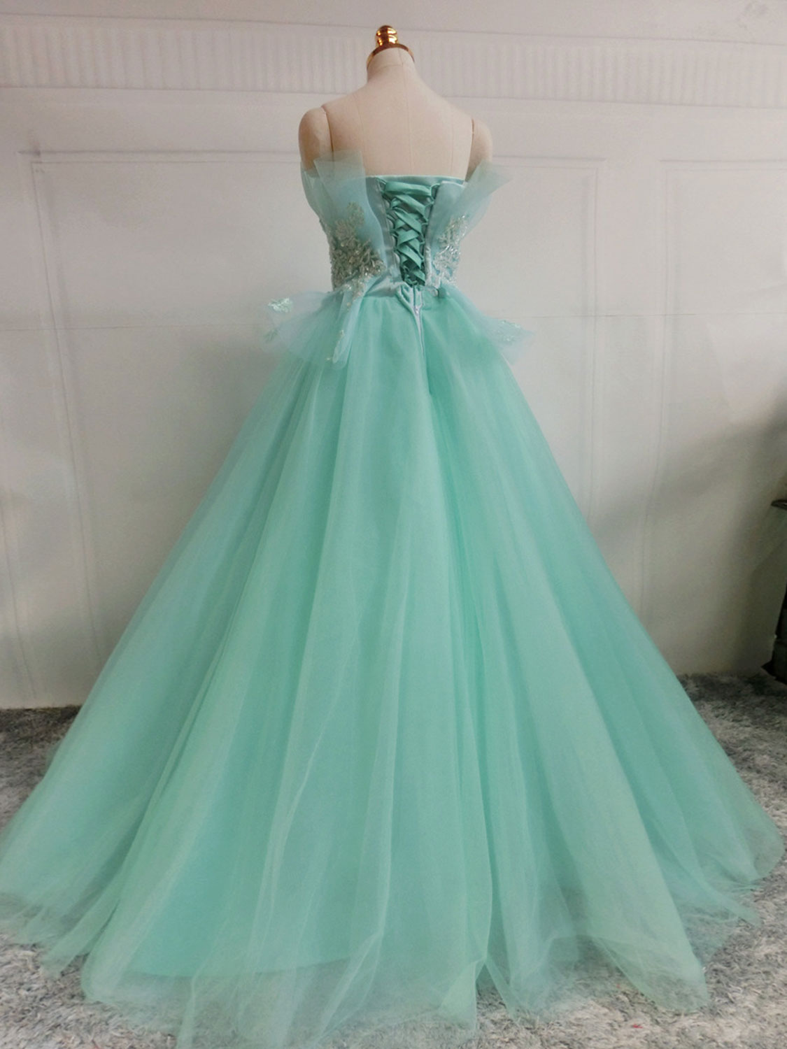 Homecoming Dresses Cute, Green  A-Line Tulle Lace Long Prom Dress, Green Sweet 16 Dress