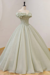 Party Dress Dress, Green A-Line Tulle Long Prom Dress with Beaded, Off the Shoulder Evening Dress