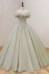 Party Dresses Sale, Green A-Line Tulle Long Prom Dress with Beaded, Off the Shoulder Evening Dress