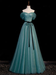 Wedding Dress, Green A line Tulle Sequin Long Prom Dress, Green Tulle Graduation Dress
