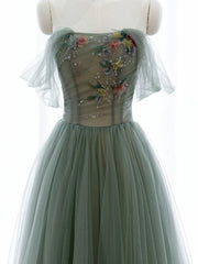 Bridesmaid, Green A-line Tulle with Lace Applique Long Formal Dress, Green Prom Dress