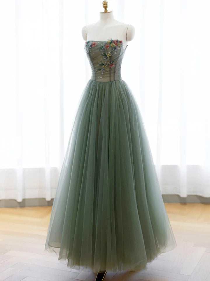 Blue Bridesmaid Dress, Green A-line Tulle with Lace Applique Long Formal Dress, Green Prom Dress