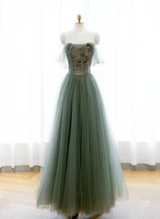 Bridesmaid Dresses Photos Gallery, Green A-line Tulle with Lace Applique Long Formal Dress, Green Prom Dress