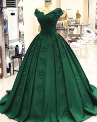 Prom Dresses Sale, Green Ball Gown Satin Prom Dresses Lace V Neck Formal Dress,Quinceanera Dresses