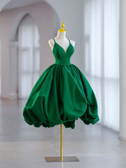 Evening Dresses And Gowns, Green Ball Gown Satin Short Prom Dress, Green Satin Evening Dress