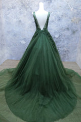 Beauty Dress Design, Green Beaded and Lace V-neckline Low Back Long Party Dresses, Green Evening Dress Party Dresses