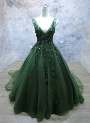Bridesmaid Gown, Green Beaded and Lace V-neckline Low Back Long Party Dresses, Green Evening Dress Party Dresses