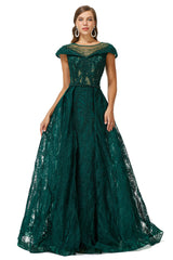 Evening Dresses For Over 72, Beaded Cap Sleeves Prom Dresses with Overskirt