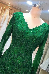 Prom Dress Pattern, Green Beaded Lace Bride Mother's Evening Gown Long Sleeve