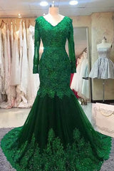 Prom Dresses Pattern, Green Beaded Lace Bride Mother's Evening Gown Long Sleeve