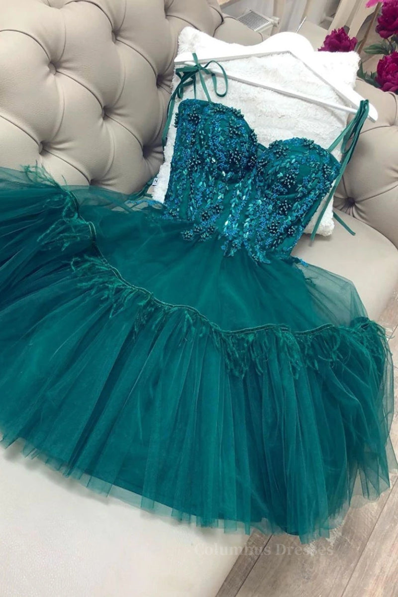 Prom Dresses Shop, Green Beaded Lace Short Prom Dress with Straps, Short Green Lace Formal Graduation Homecoming Dress with Beading
