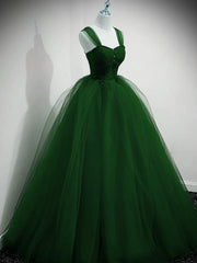 Prom Dresses Princess Style, Green Beaded Tulle Off Shoulder Long Party Dress, Green Tulle A-line Prom Dress