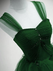 Prom Dress Princess Style, Green Beaded Tulle Off Shoulder Long Party Dress, Green Tulle A-line Prom Dress