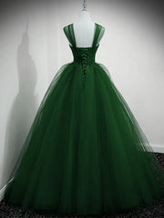 Prom Dresses With Sleeve, Green Beaded Tulle Off Shoulder Long Party Dress, Green Tulle A-line Prom Dress