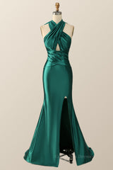 Prom Dresses Champagne, Green Cross Front Mermaid Long Formal Dress with Slit