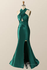 Prom Dresses Ball Gown Elegant, Green Cross Front Mermaid Long Formal Dress with Slit