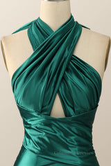 Prom Dresses Ball Gown Style, Green Cross Front Mermaid Long Formal Dress with Slit
