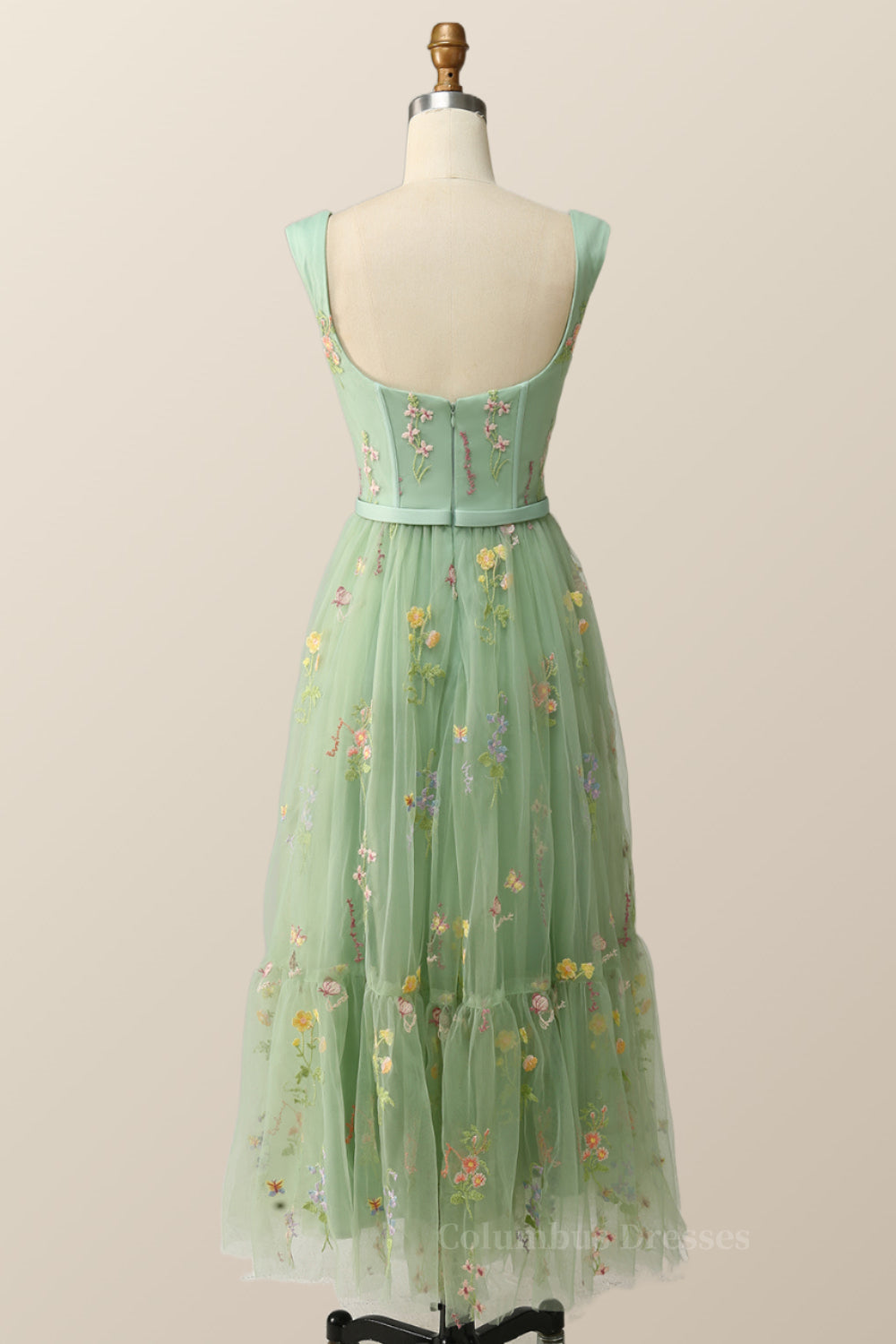 Prom Dress 2053, Green Embroidered A-line Midi Dress