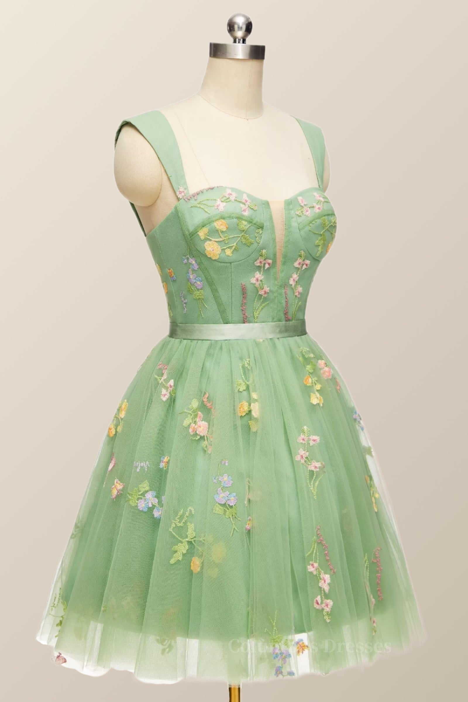 Prom Dresses For Curvy Figure, Green Floral A-line Short Princess Dress with Square Neck
