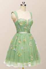 Prom Dresses For Curvy Figure, Green Floral A-line Short Princess Dress with Square Neck