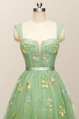 Prom Dresses For Curvy Figures, Green Floral A-line Short Princess Dress with Square Neck