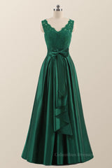 Formal Dresses Long Sleeved, Green Lace and Satin A-line Long Formal Dress