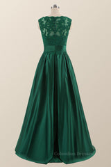 Formal Dresses Long Sleeves, Green Lace and Satin A-line Long Formal Dress