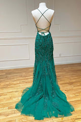 Evening Dress Knee Length, Green Lace Mermaid Backless Spaghetti Straps Prom Dresses, Evening Gown,maxi dresses