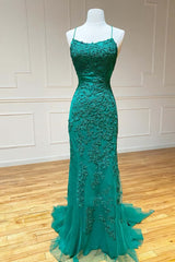 Evening Dresses For Over 45, Green Lace Mermaid Backless Spaghetti Straps Prom Dresses, Evening Gown,maxi dresses