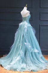 Bridesmaids Dress Designs, Green Lace Tulle A-Line Long Formal Dress, Green Strapless Evening Dress