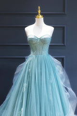 Bridesmaid Dresses Design, Green Lace Tulle A-Line Long Formal Dress, Green Strapless Evening Dress