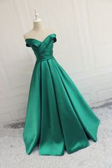 Unique Wedding Dress, Green Off Shoulder Fashionable Long Evening Dress, Satin Long Prom Dress