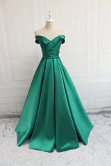 Midi Dress, Green Off Shoulder Fashionable Long Evening Dress, Satin Long Prom Dress