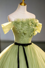 Prom Dress, Green Off-Shoulder Tulle Long Formal Dress, A-Line Evening Dress