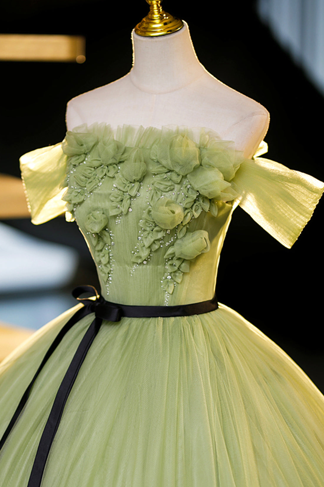 Prom Dresses, Green Off-Shoulder Tulle Long Formal Dress, A-Line Evening Dress