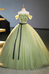 Wedding Dress, Green Off-Shoulder Tulle Long Formal Dress, A-Line Evening Dress