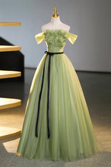 Prom Dress Modest, Green Off-Shoulder Tulle Long Formal Dress, A-Line Evening Dress