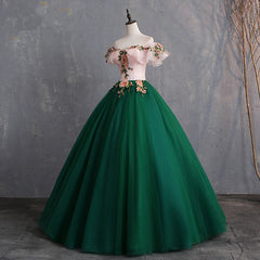 Evening Dresses Cheap, Green Off Shoulder Tulle with Lace Formal Gown, Green Evening Sweet 16 Dresses